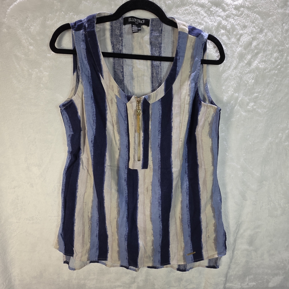 Womens Ellen Tracy Linen Blue & Cream Striped Sleeveless Zip Tank Size Medium